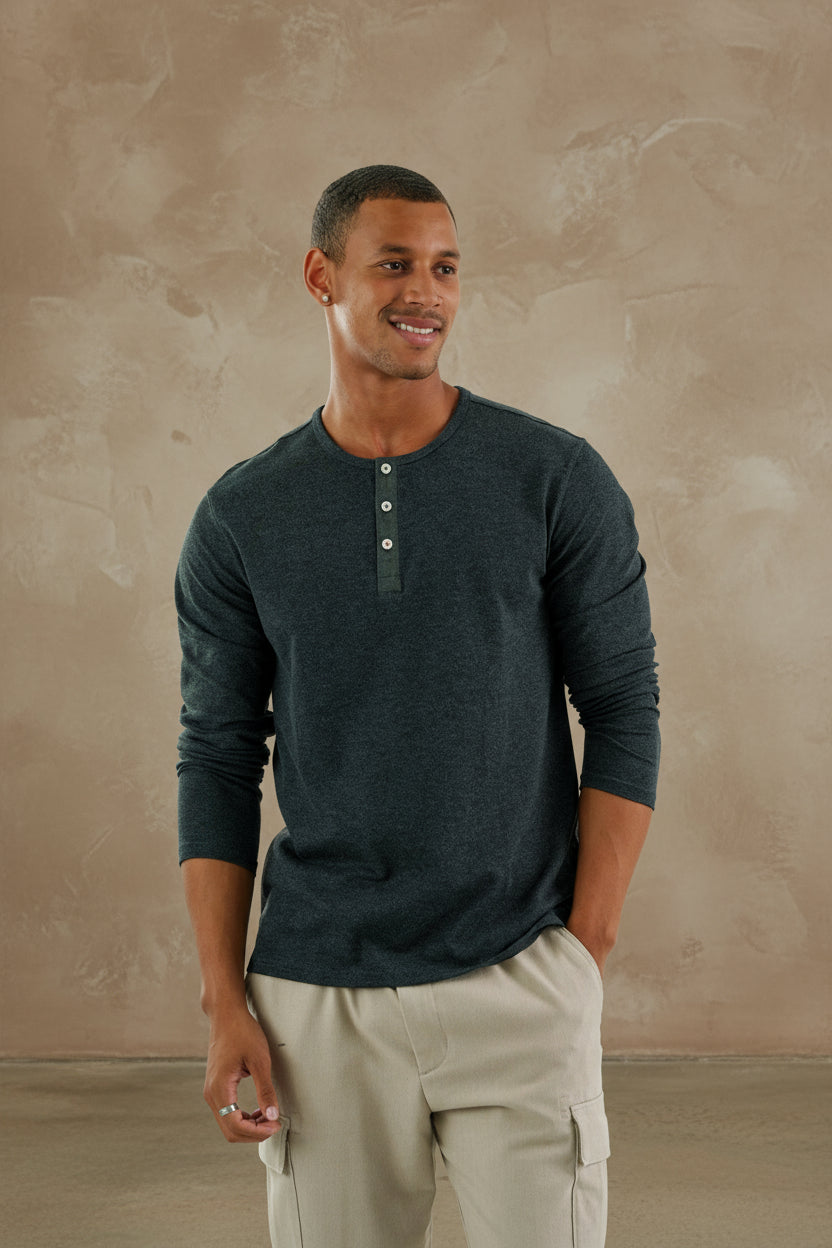 TRAILBLAZER - Charcoal Solid 3 Buttons Henley