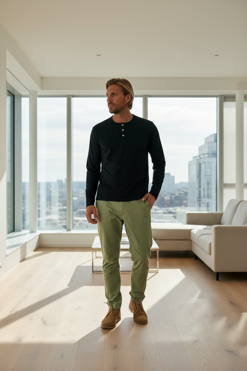 TRAILBLAZER - Black Solid 3 Buttons Henley