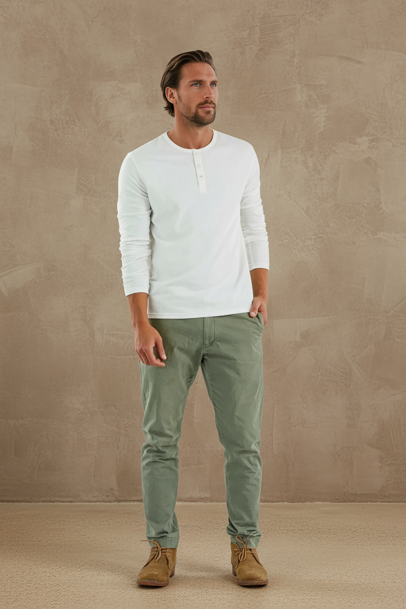 TRAILBLAZER - White Solid 3 Buttons Henley