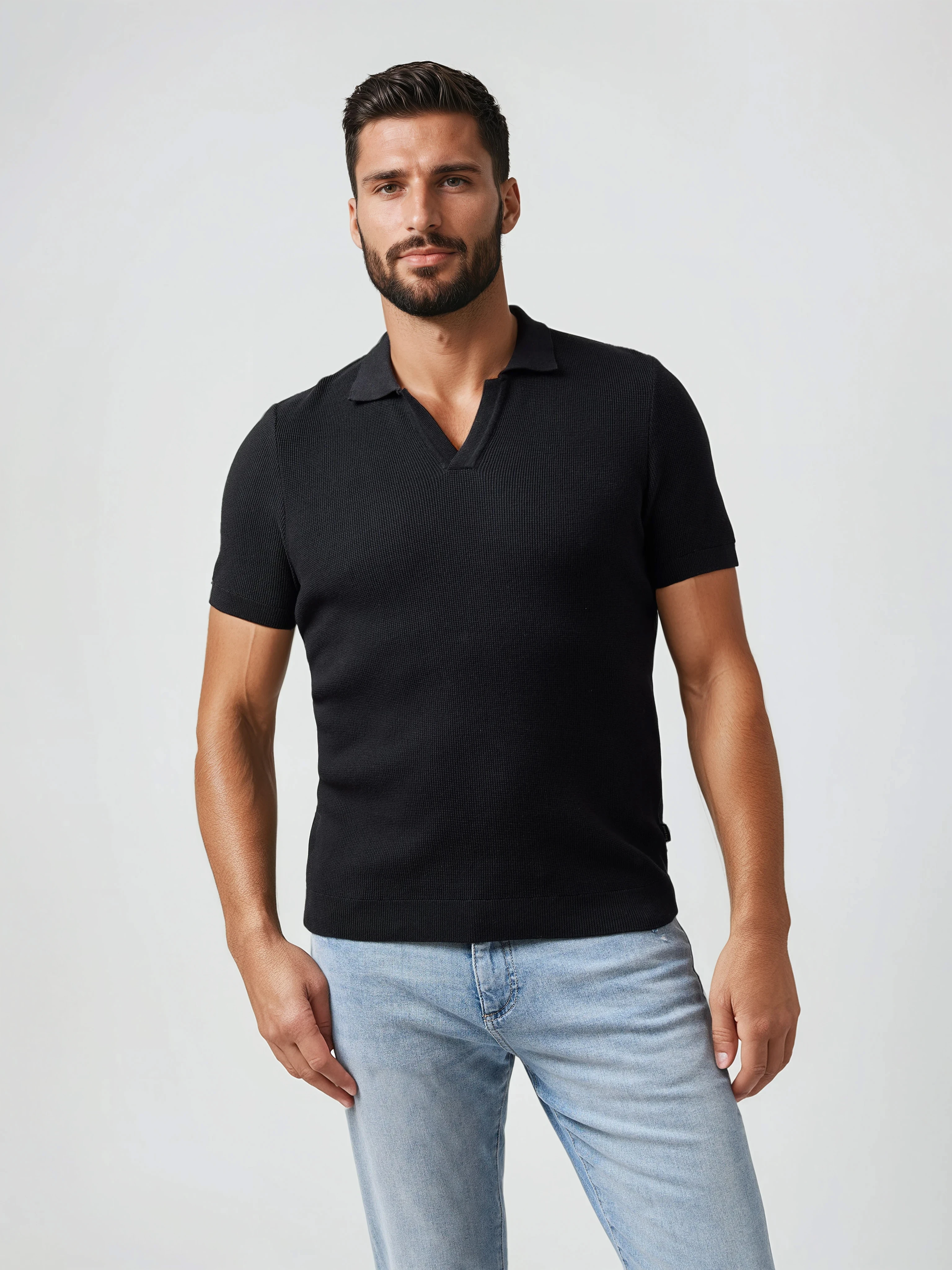 LAGO - Black Knit Johnny Collar Polo – Stone Rose