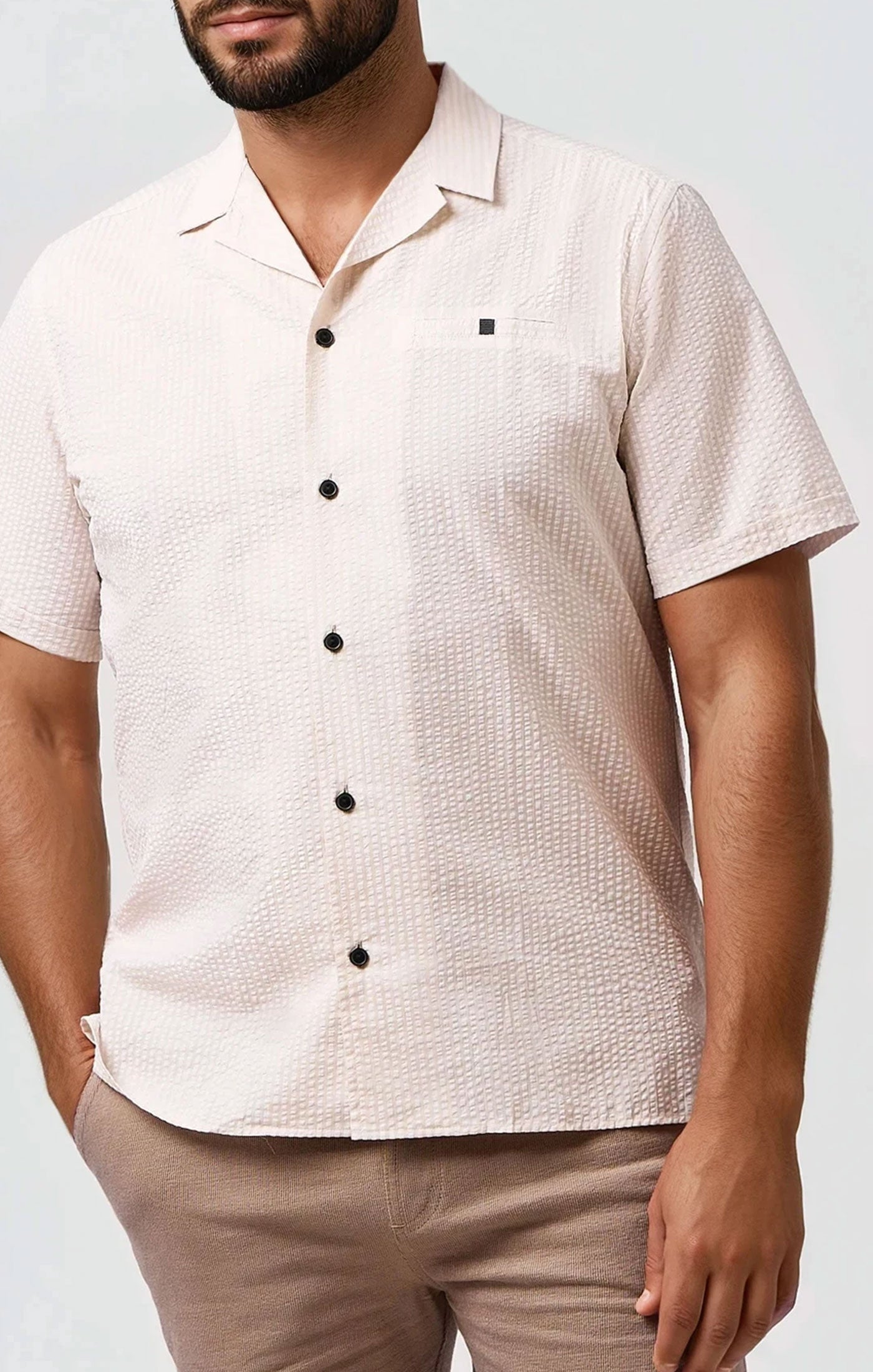 BOARDWALK - Beige Seersucker Shoreline Stripe Shirt