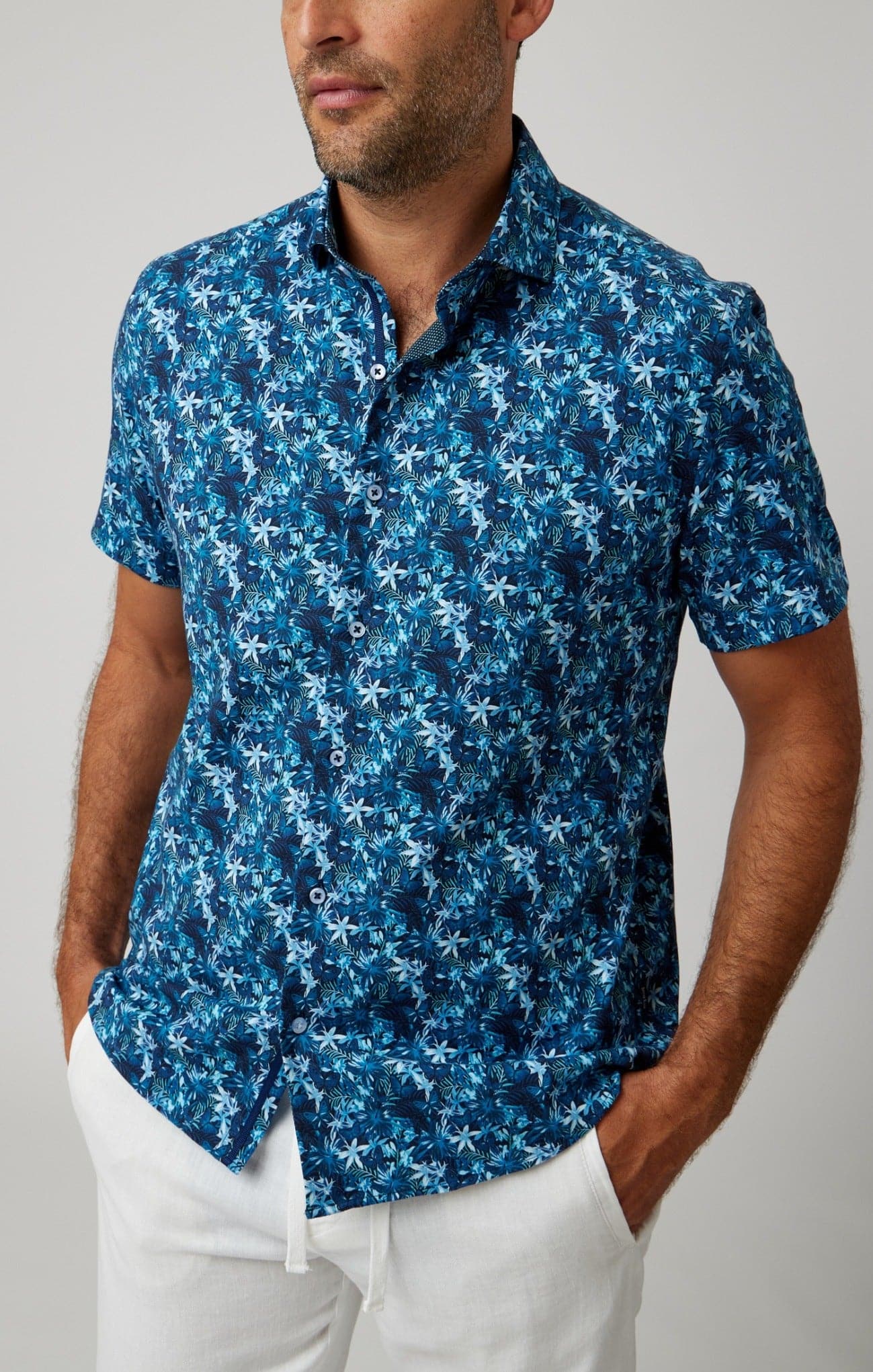 Stone Rose Floral Butterfly Print Short Sleeve Stretch Button-Up Shirt - Navy Stone Rose Floral Butterfly Print Short Sleeve Stretch Button-Up Shirt - Navy