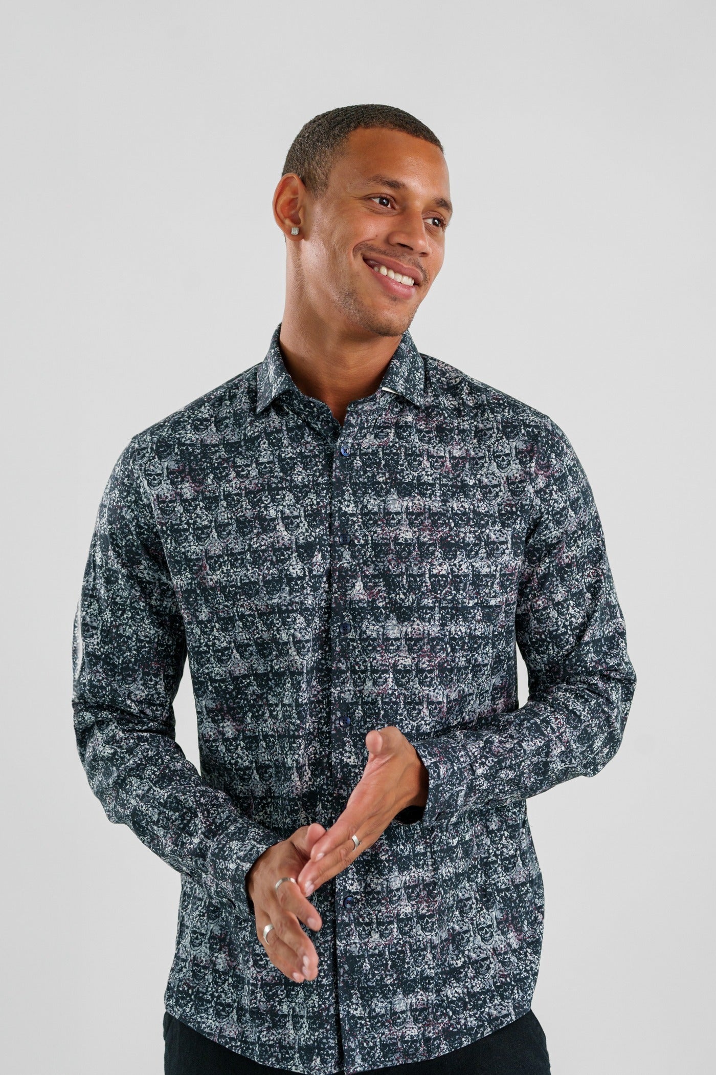 men's printed dress shirts long sleeve Stone Rose Men's Skull Print Button-Up Shirt - Blue