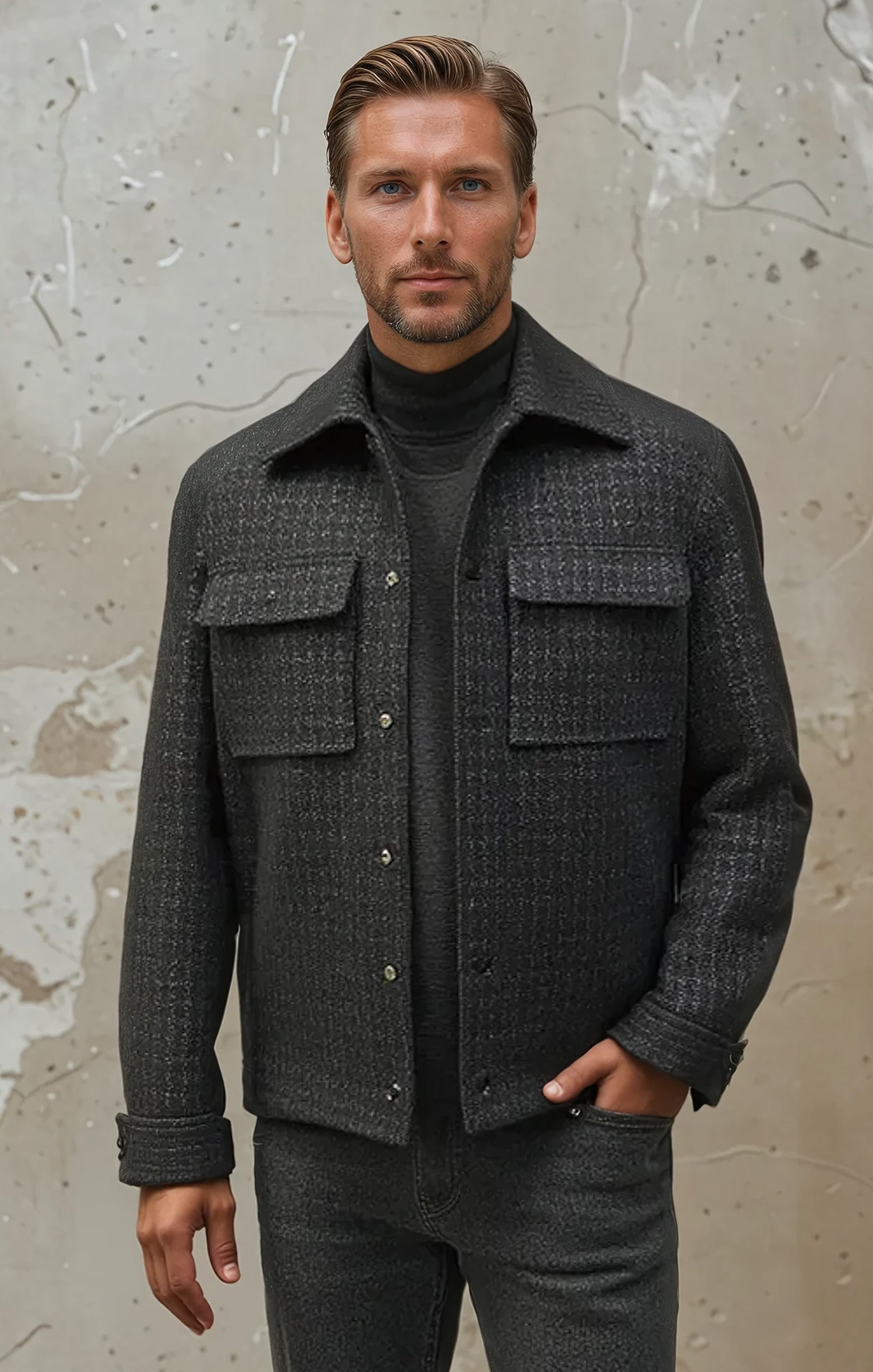Man wearing a dark gray textured jacket over a black turtleneck against a textured wall.