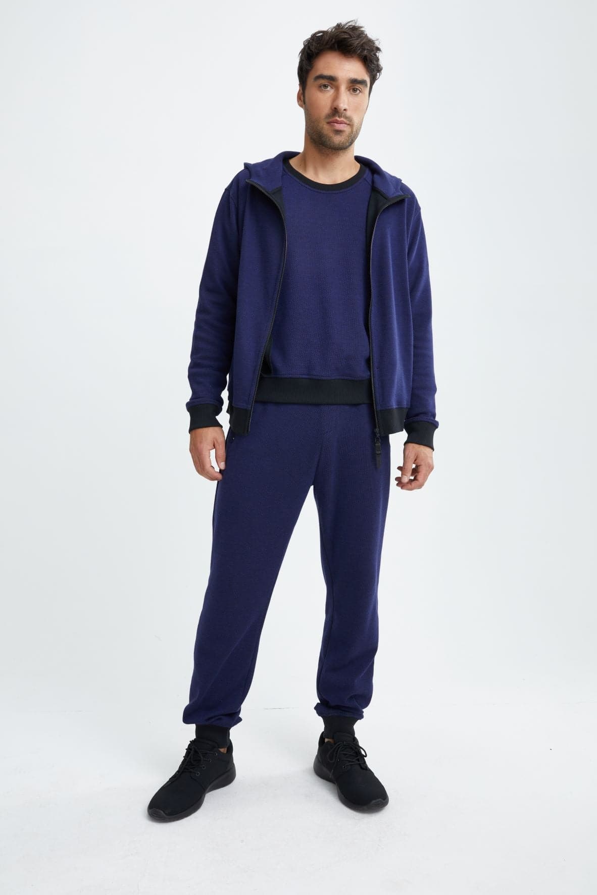 Black Blue Jacquard Knit Zip Front Hoodie