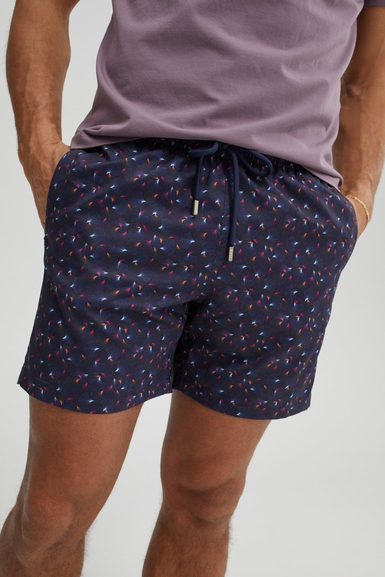 Navy Leaf Print Swim Shorts
