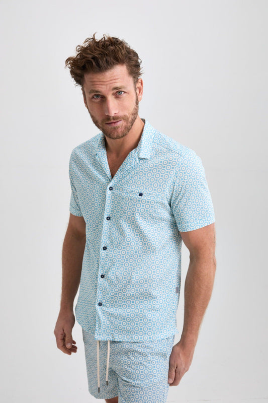 Turquoise Retro Short Sleeve Print Shirt