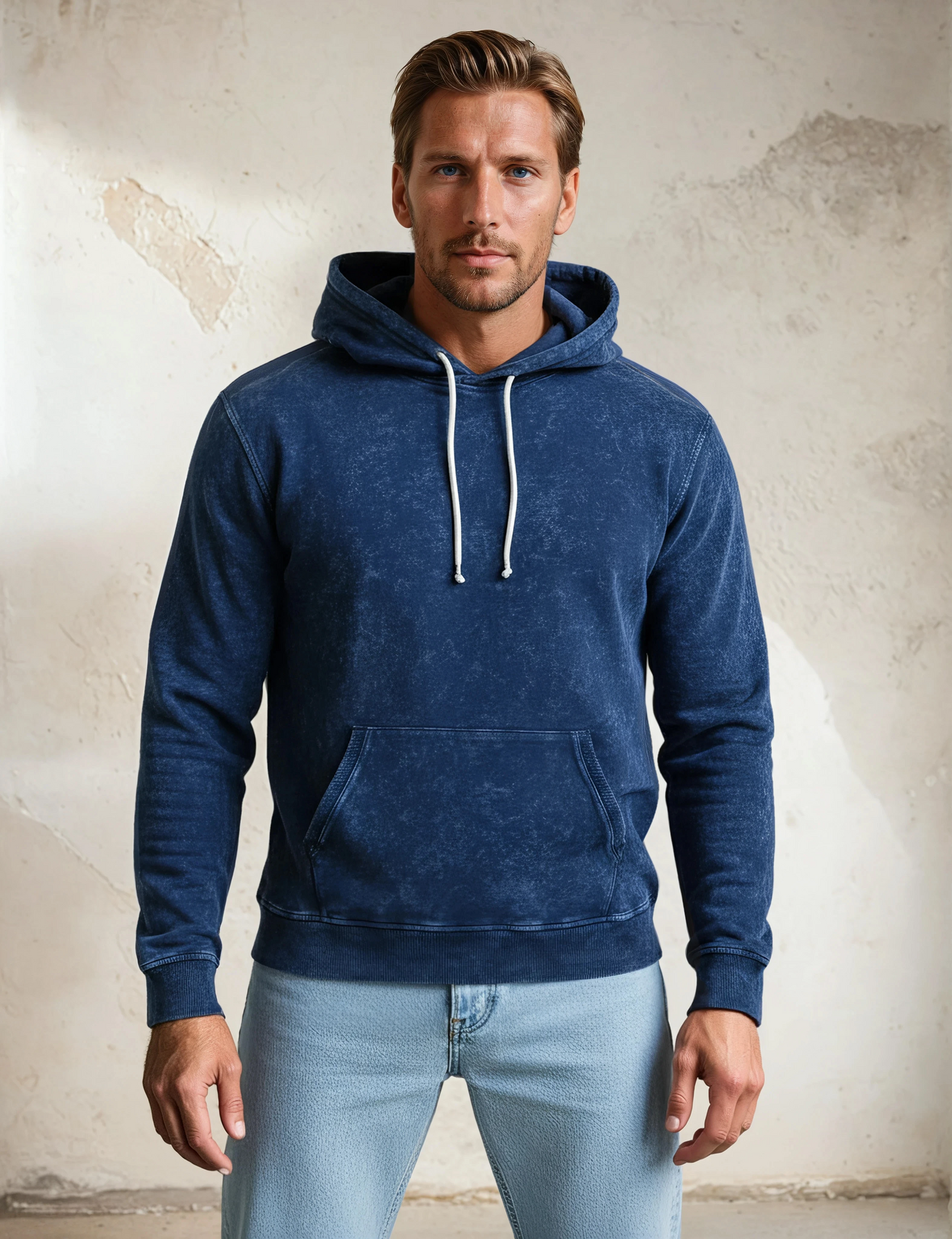 Navy Acid-Washed Pullover Hoodie