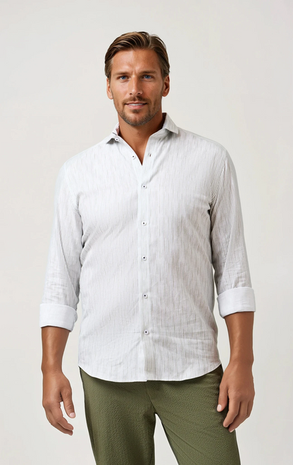 BUONASERA - Olive Seabreeze Striped Linen Shirt
