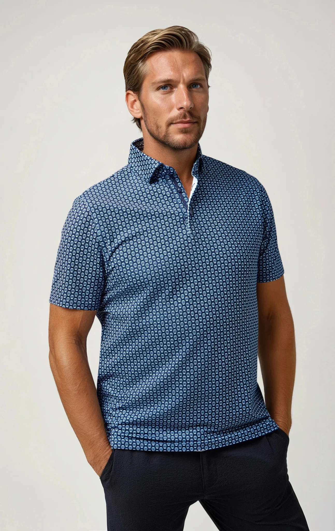 APEX - Dark Navy Skull Print Stretch Polo