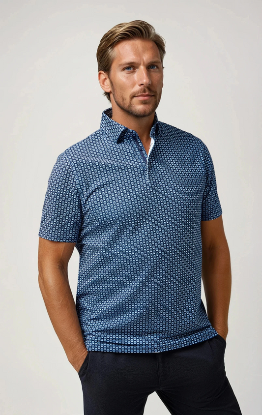 APEX - Dark Navy Skull Print Stretch Polo