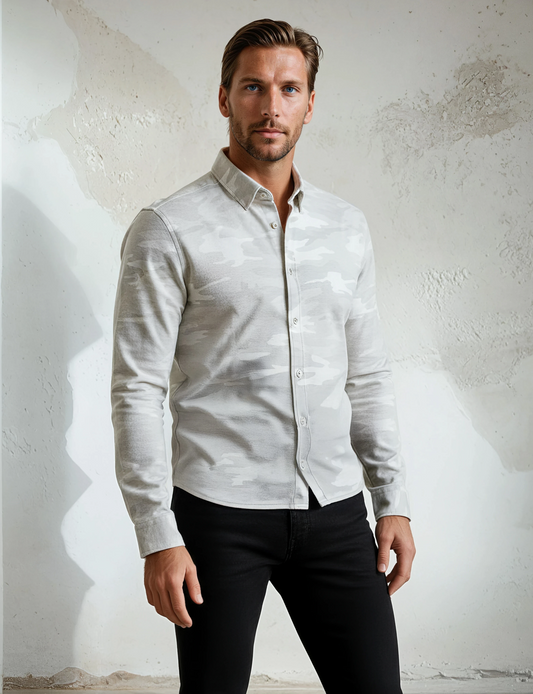 Beige Camouflage Print Jersey Shirt