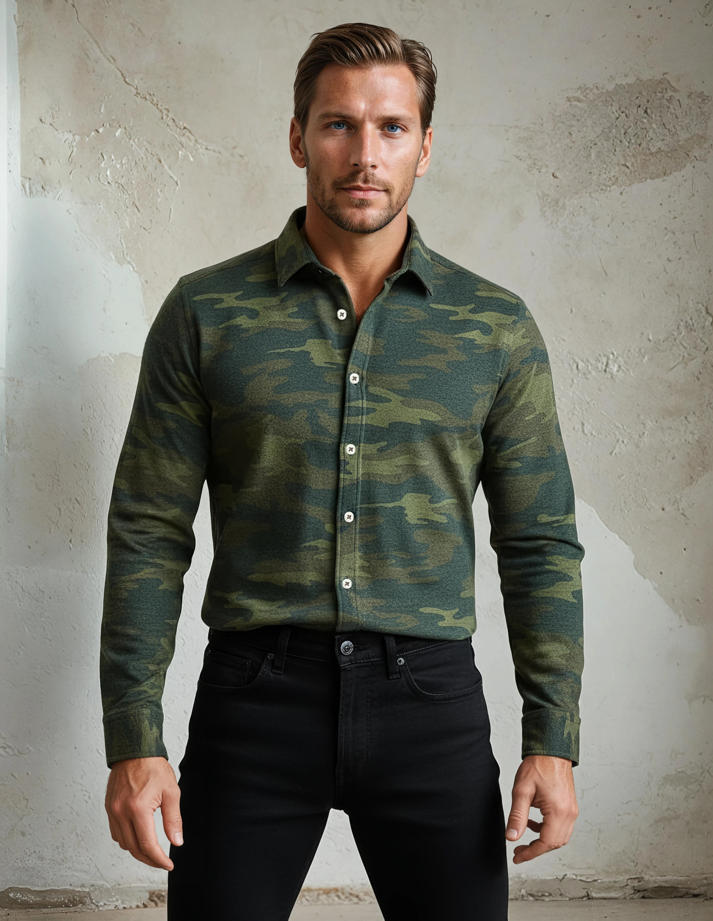 Green Camouflage Print Jersey Shirt
