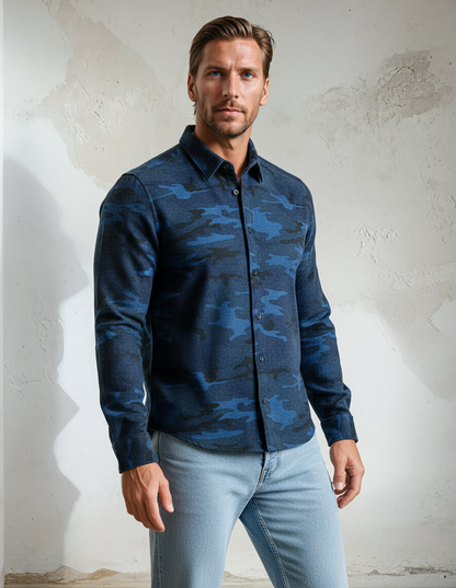 Navy Camouflage Print Jersey Shirt