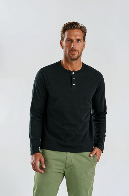 TRAILBLAZER - Black Solid 3 Buttons Henley