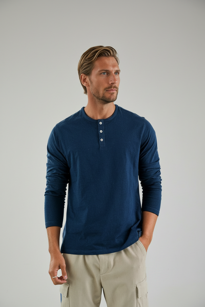 Navy Solid 3-Buttons Henley – Men's Classic Henley Shirt | Stone Rose