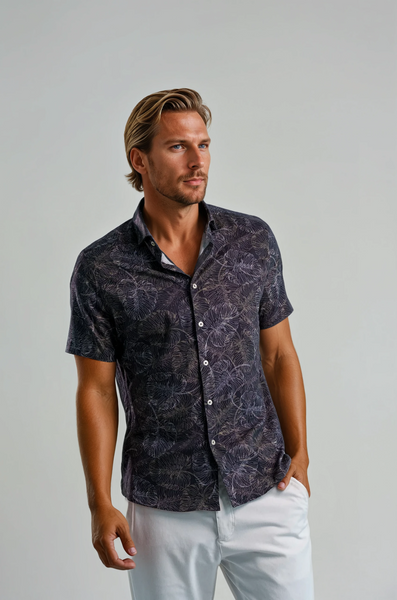 Stone Rose Men's Jungle Monstera Palm Leaf Print Short Sleeve Stretch Cotton Blend Button-Up Shirt - Black