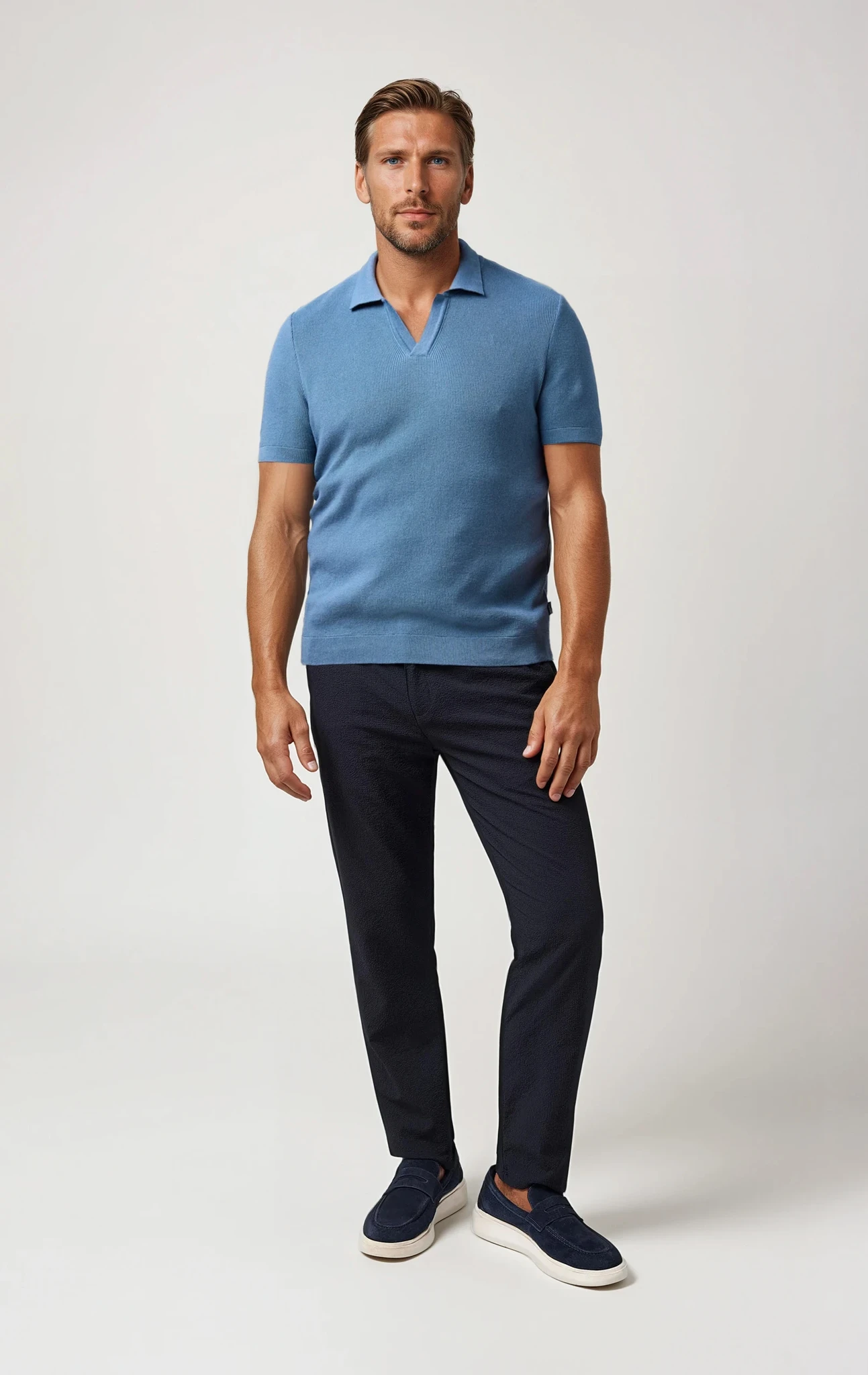 LAGO - Blue Knit Johnny Collar Polo