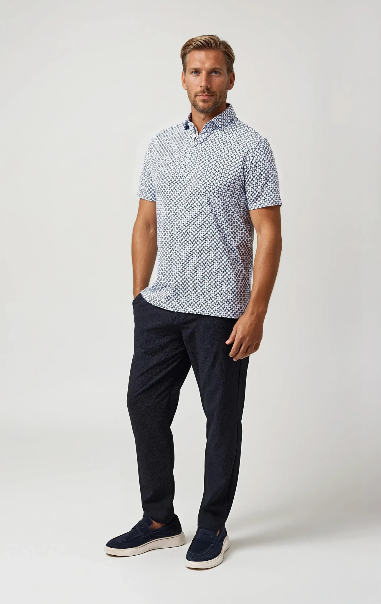 APEX - White Geo Print Stretch Polo