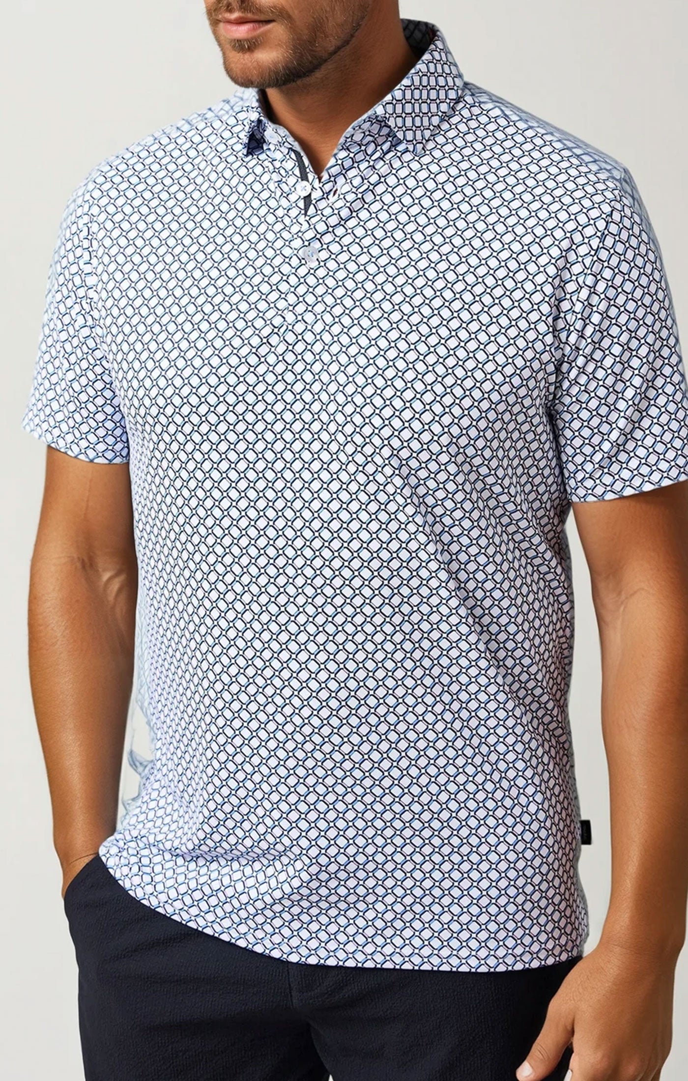 APEX - White Geo Print Stretch Polo