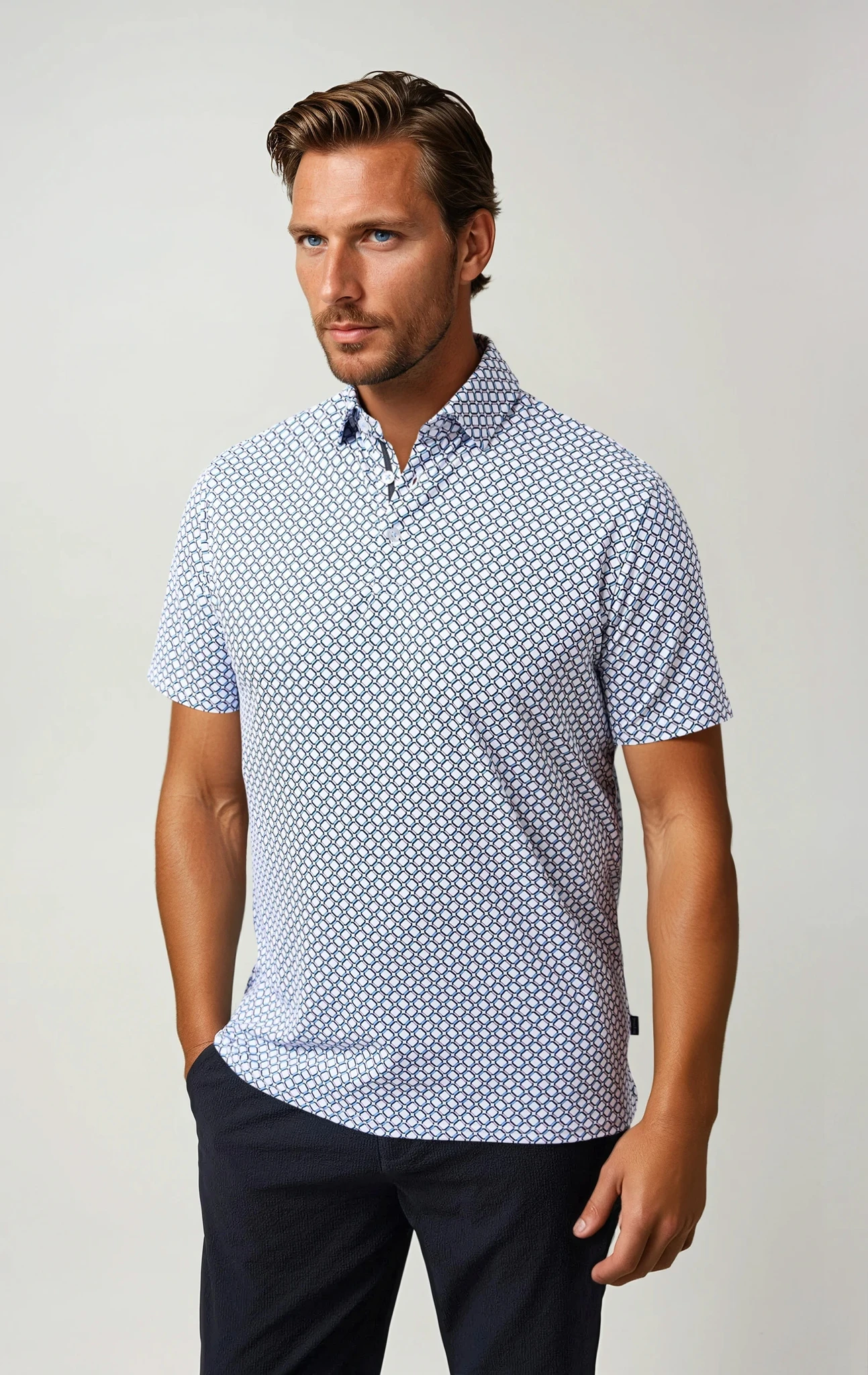 APEX - White Geo Print Stretch Polo