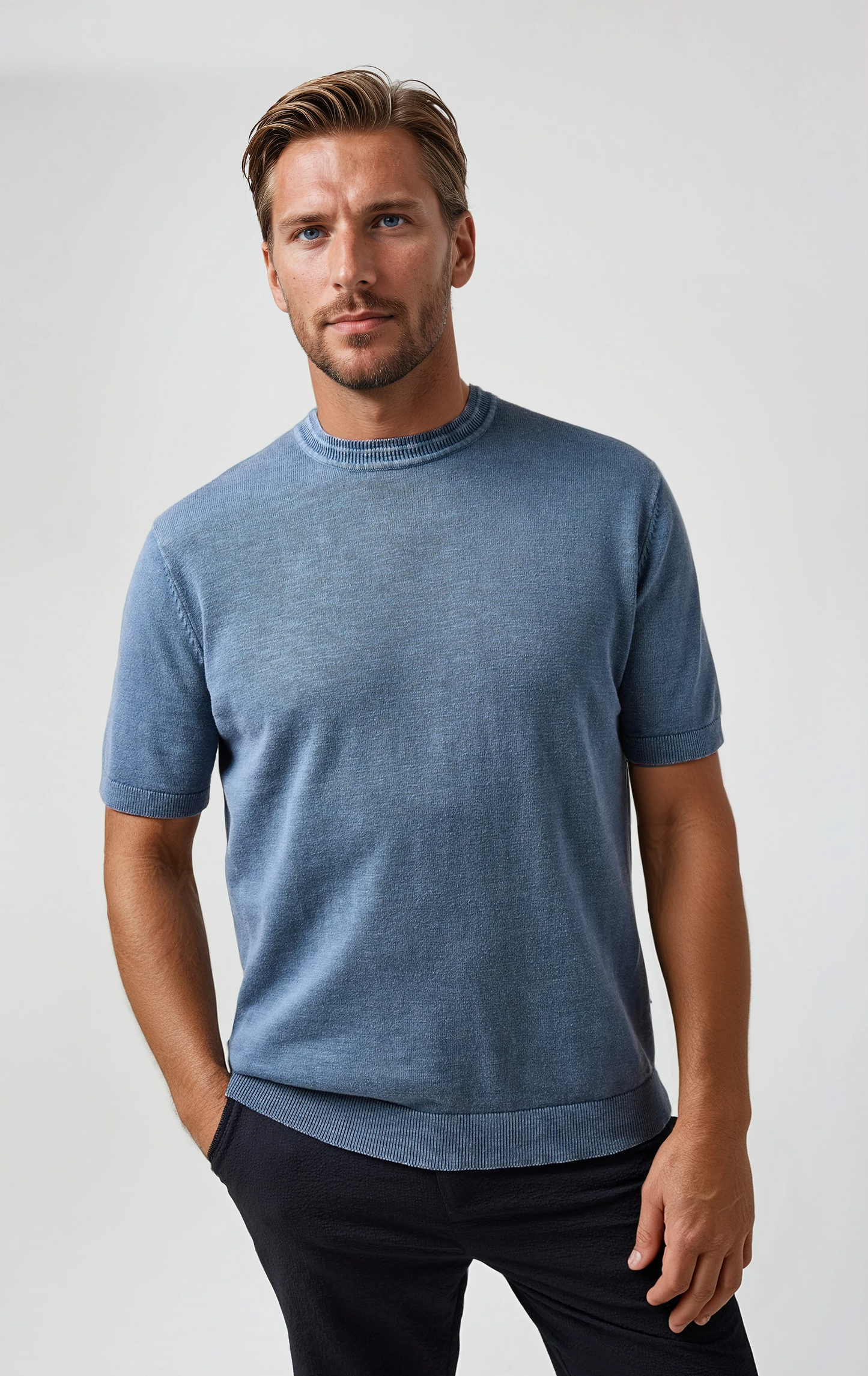 SEAMIST - Medium Blue Washed Knit Tee