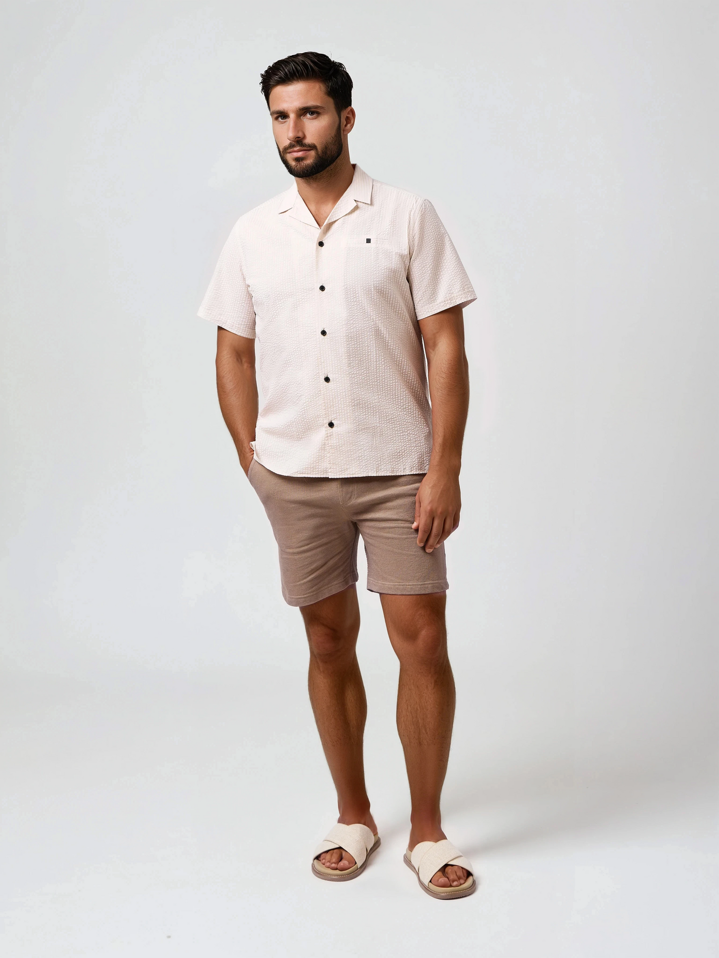 BOARDWALK - Beige Seersucker Shoreline Stripe Shirt