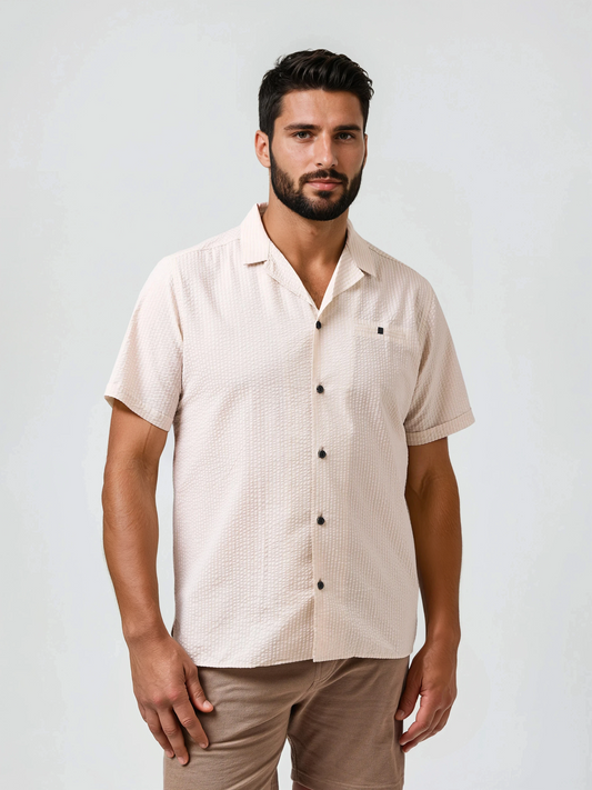 BOARDWALK - Beige Seersucker Shoreline Stripe Shirt