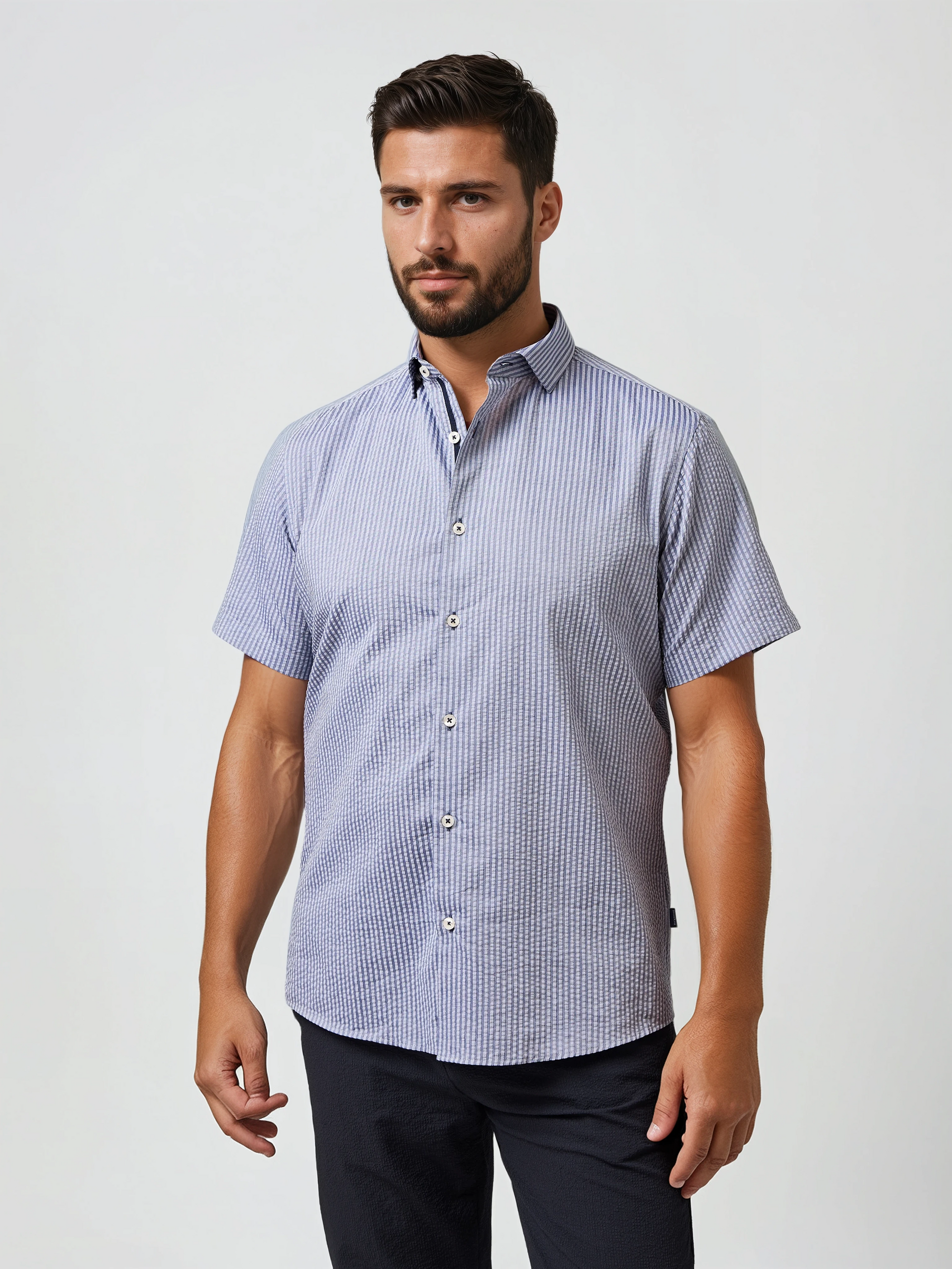 BOARDWALK - Navy Seersucker Shoreline Stripe Shirt – Stone Rose