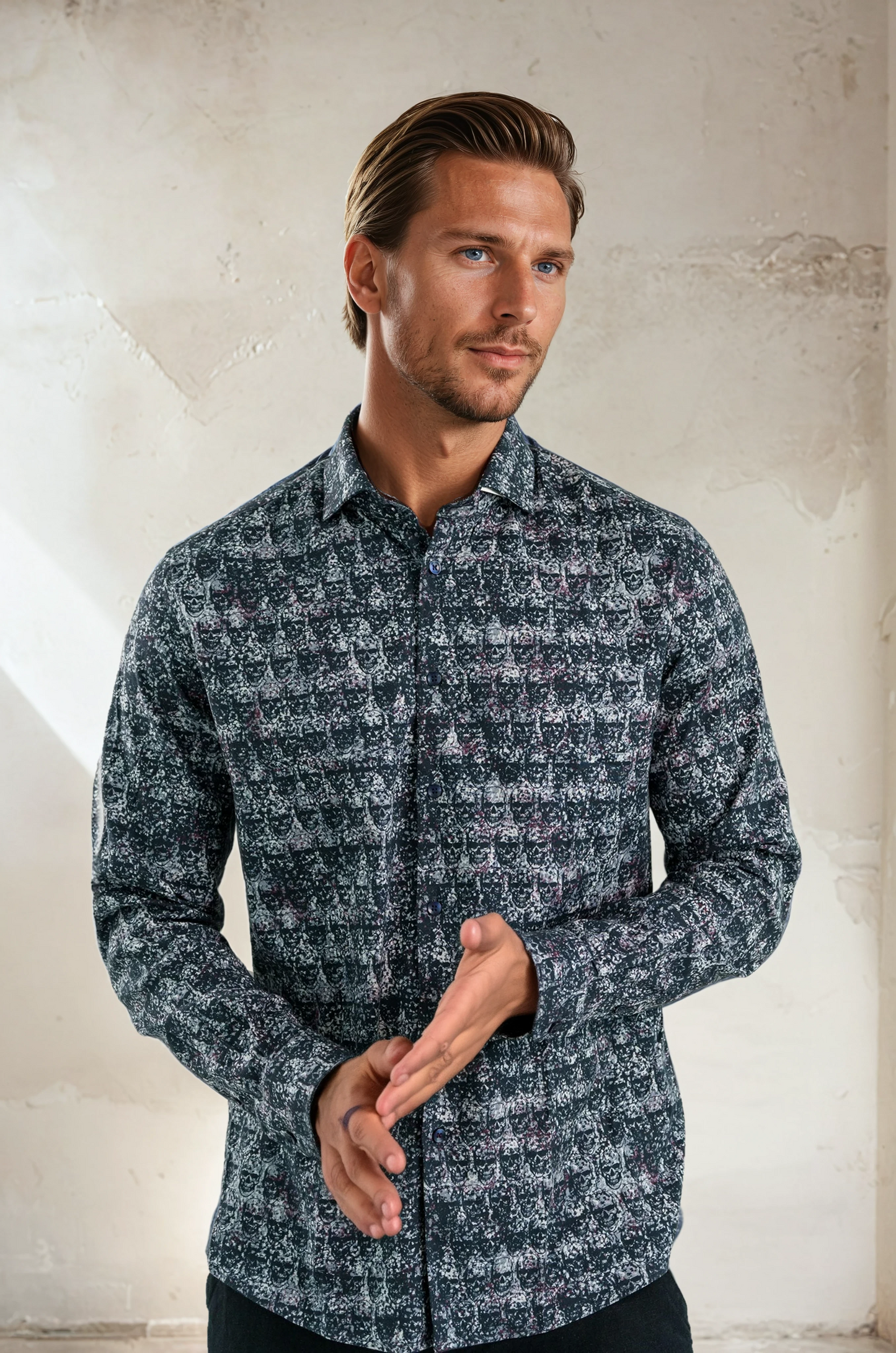 NOVA - Dark Blue Skulls Long Sleeve Shirt