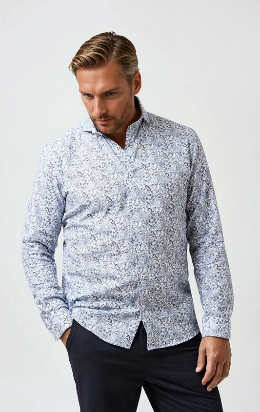 BUONASERA - Grey Paisley Linen Shirt