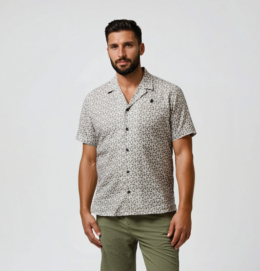 BUONASERA - Olive Skull Floral Linen Shirt