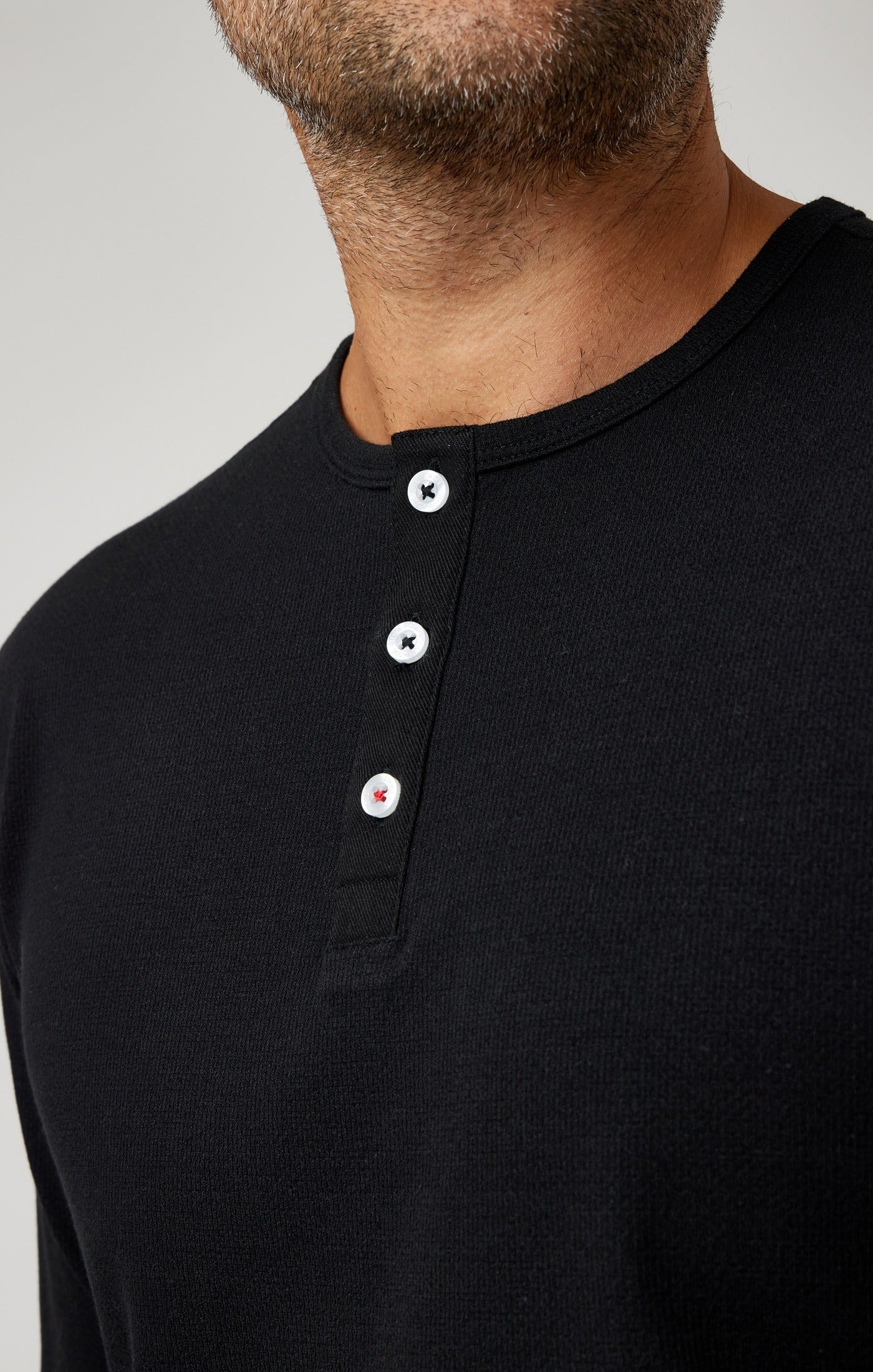 Black Solid 3 Buttons Henley