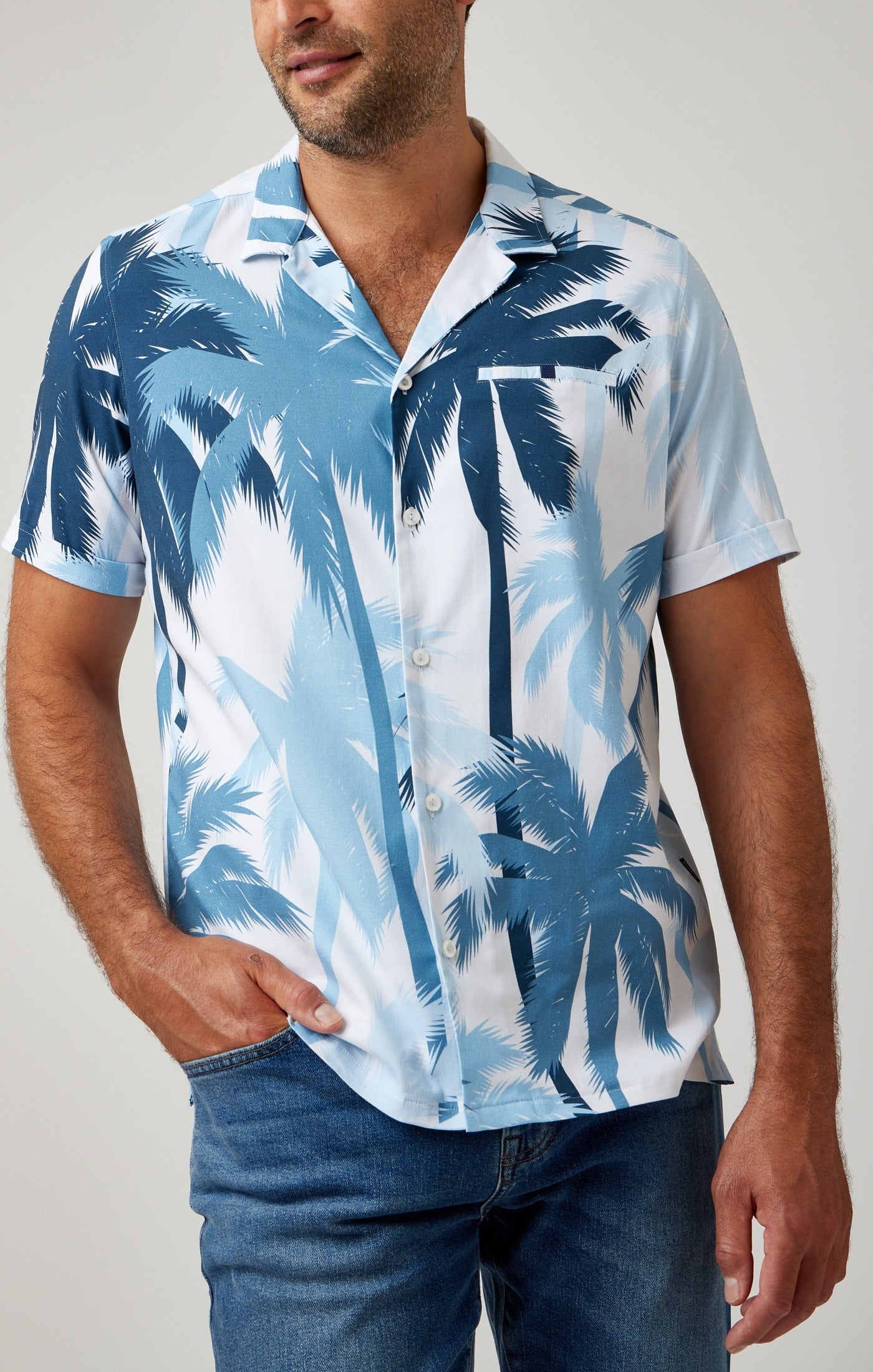 Light Blue Palms Short Sleeve Resort Shirt