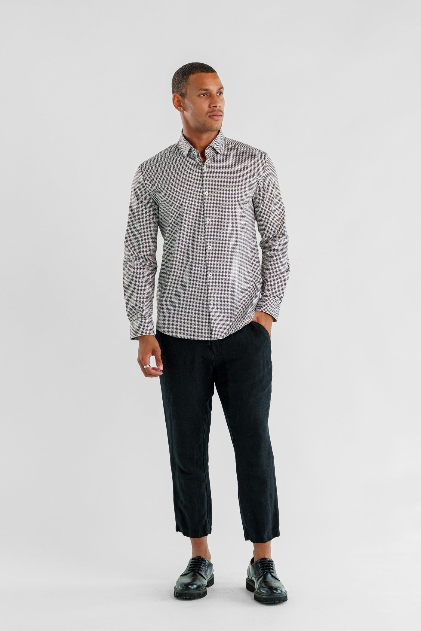 APEX - Light Brown Micro Flower Long Sleeve Shirt