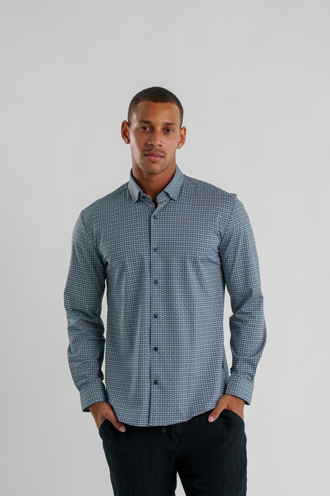 APEX - Navy Textured Check Long Sleeve Shirt
