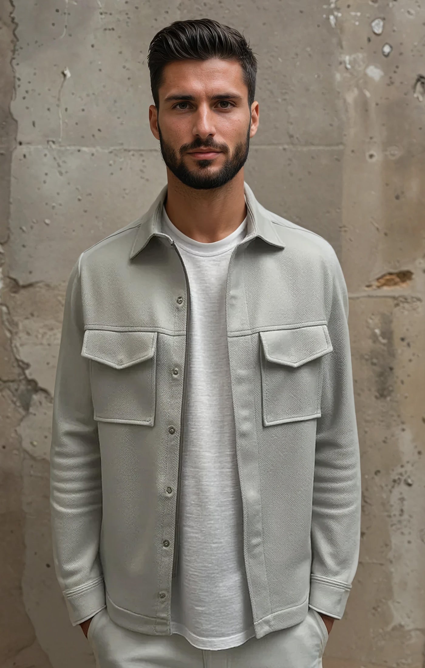 Man wearing a light gray shirt over a white t-shirt against a textured wall.