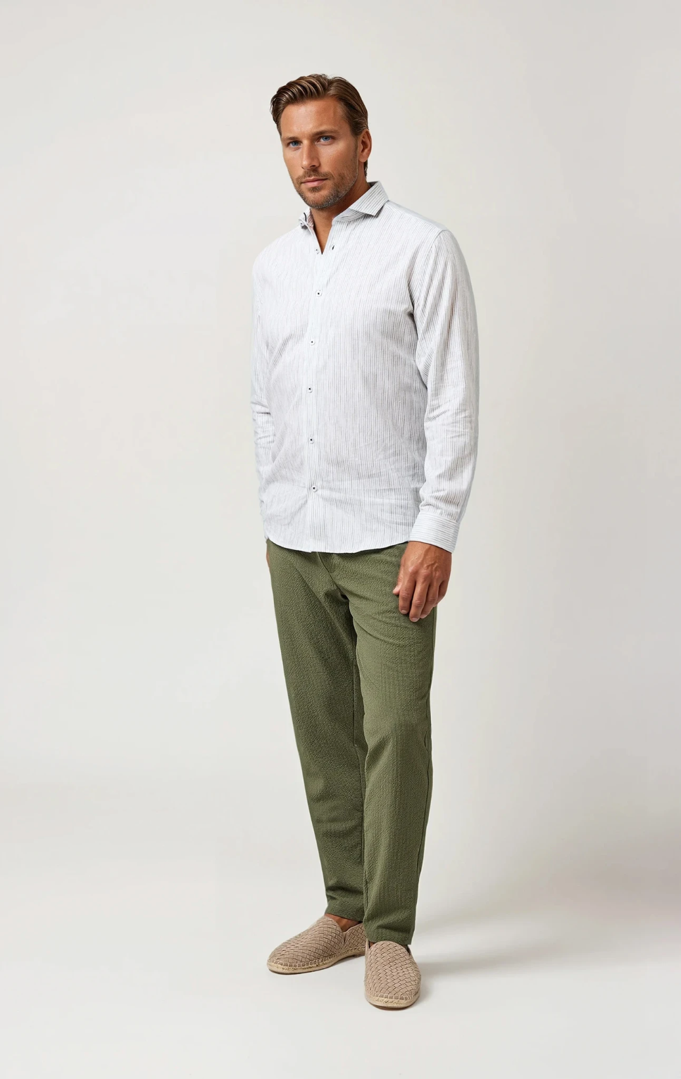 BUONASERA - Olive Seabreeze Striped Linen Shirt