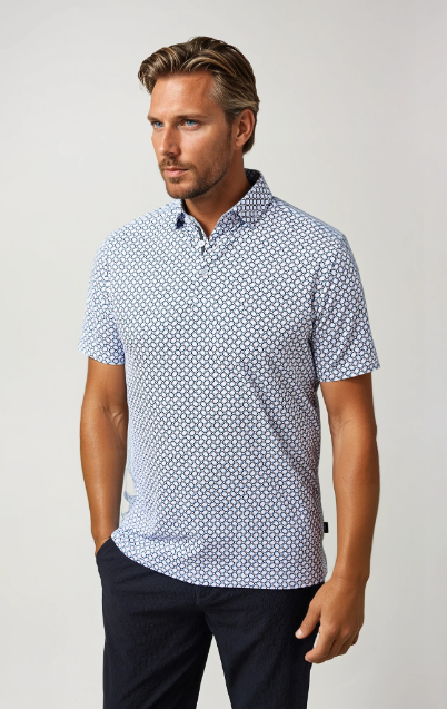 APEX - White Geo Print Stretch Polo