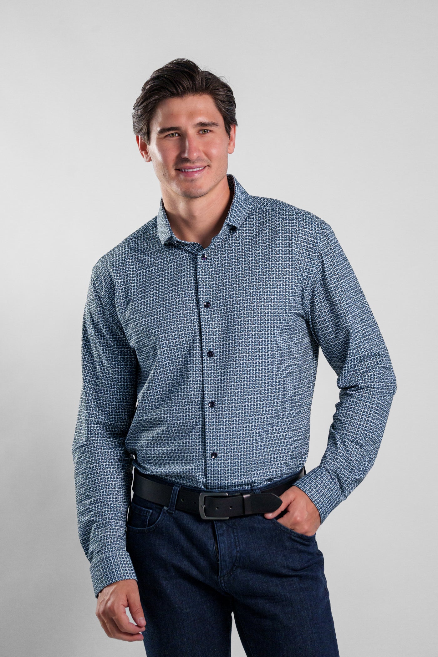 APEX - Navy Textured Check Long Sleeve Shirt