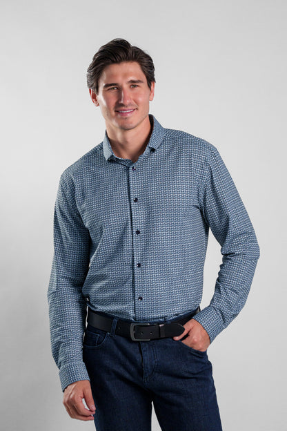 APEX - Navy Textured Check Long Sleeve Shirt
