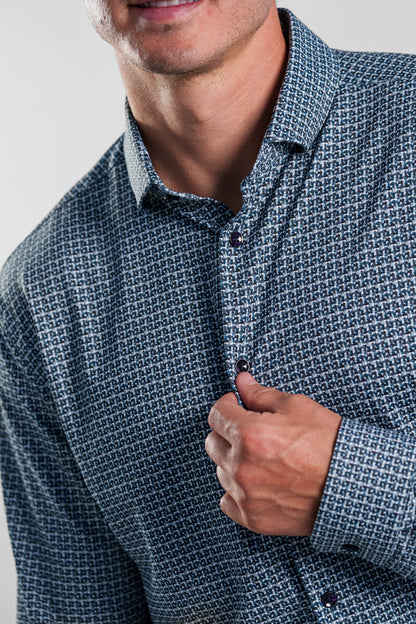 APEX - Navy Textured Check Long Sleeve Shirt