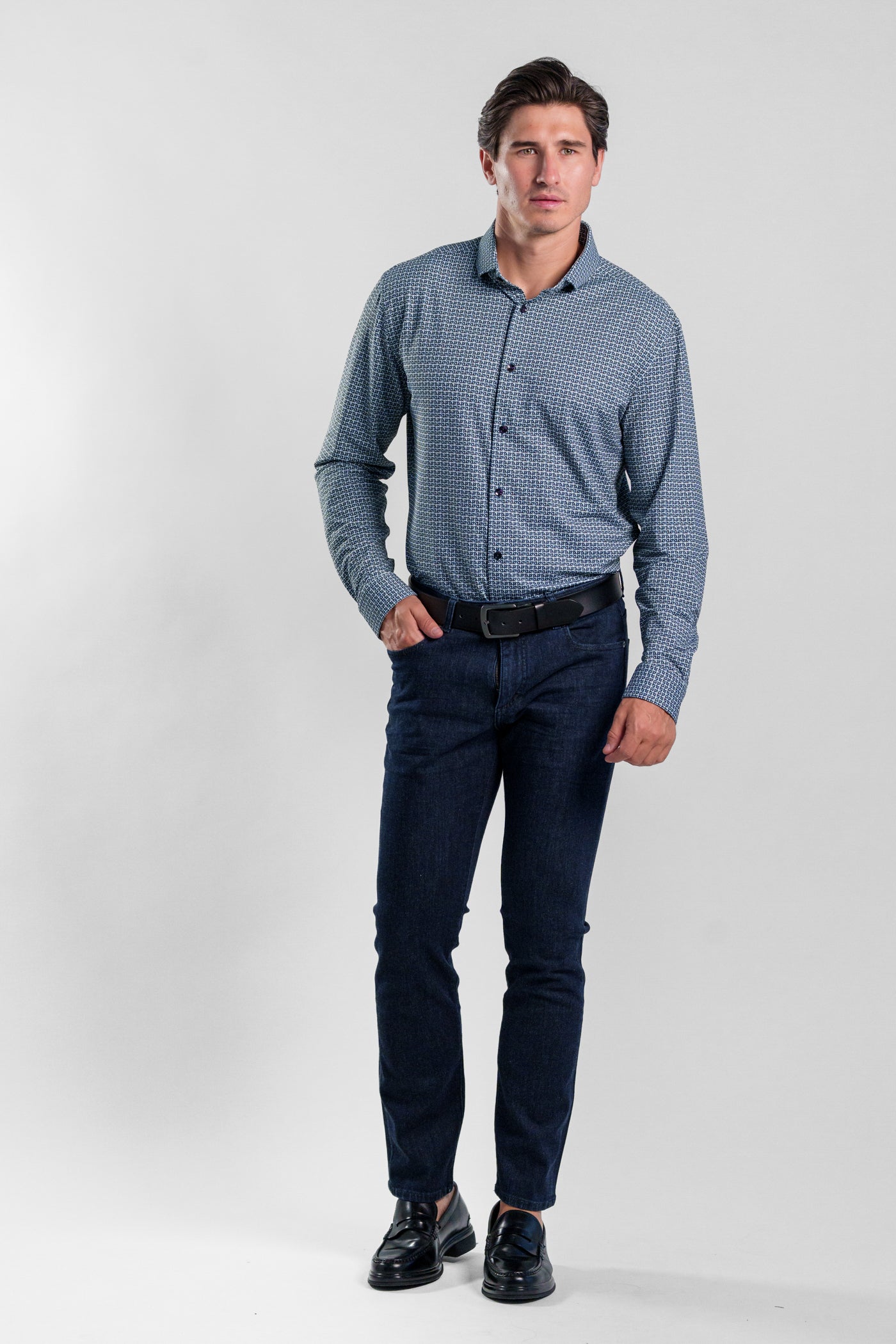 APEX - Navy Textured Check Long Sleeve Shirt