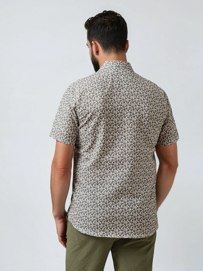 BUONASERA - Olive Skull Floral Linen Shirt