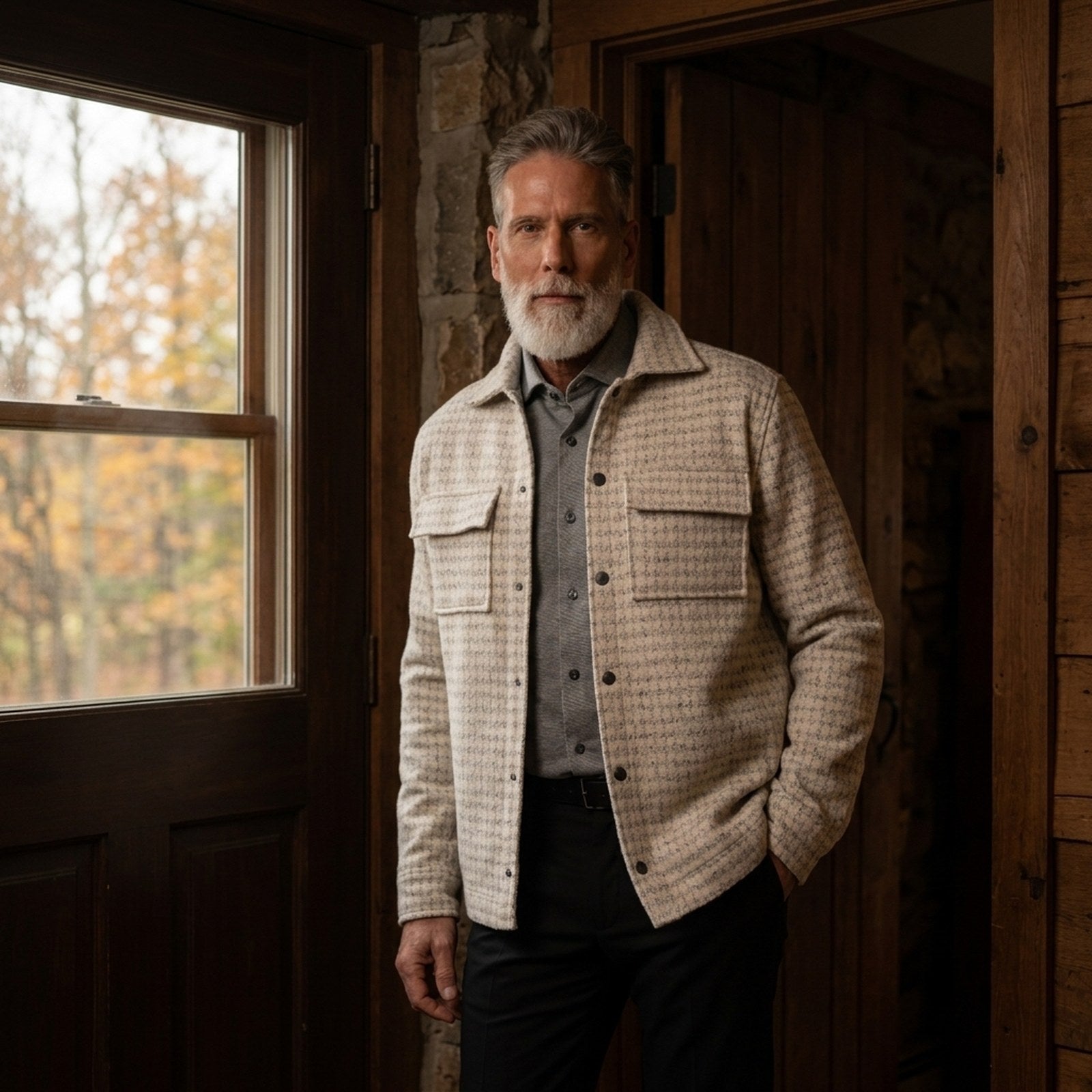 Man in a light beige houndstooth trucker jacket in a country house doorway