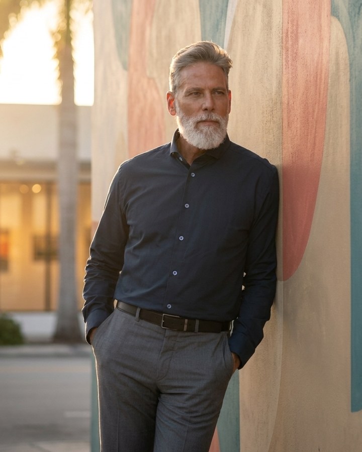 Man in a navy long sleeve shirt leaning against a painted wall in Wynwood