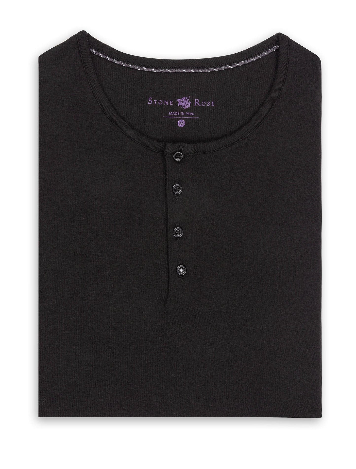 Black Long Sleeve Modal Henley-Stone Rose