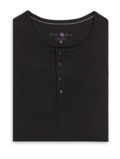 Black Long Sleeve Modal Henley-Stone Rose