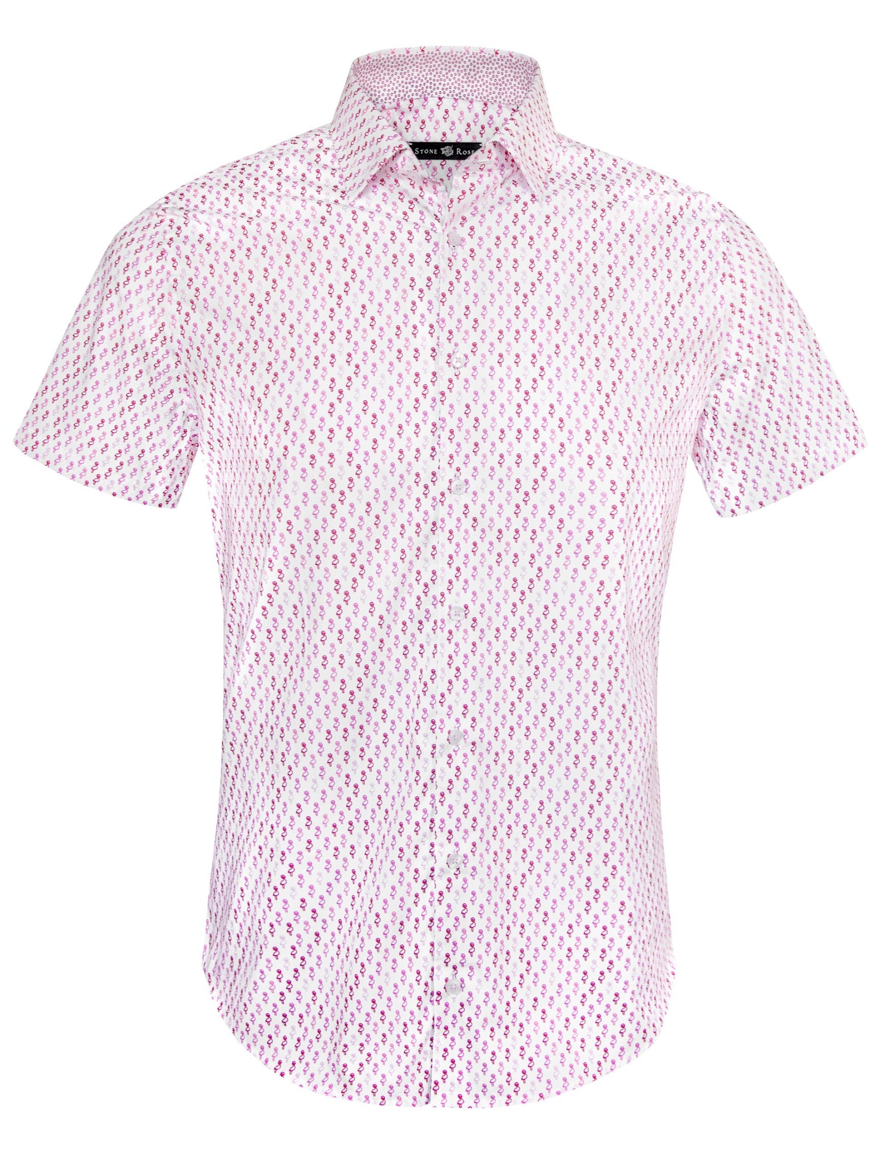 White Short Sleeve Shirt with Pink Flamingo Print