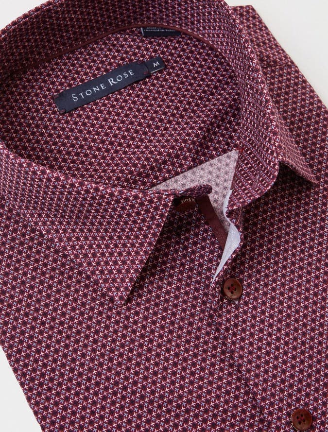 Berry Poplin Woven Geometric Print Long Sleeve Shirt